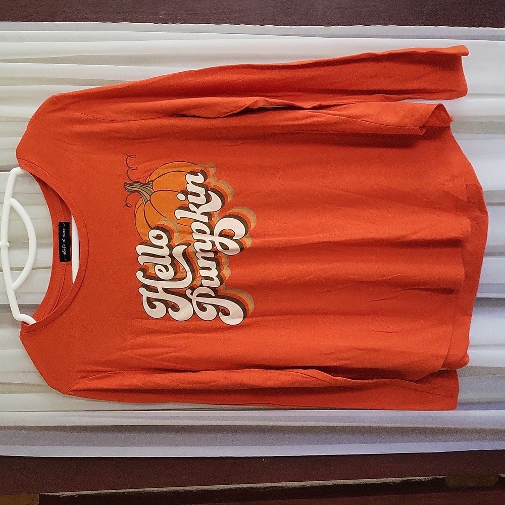 Women's Large orange long sleeve tee Hello Pumpkin